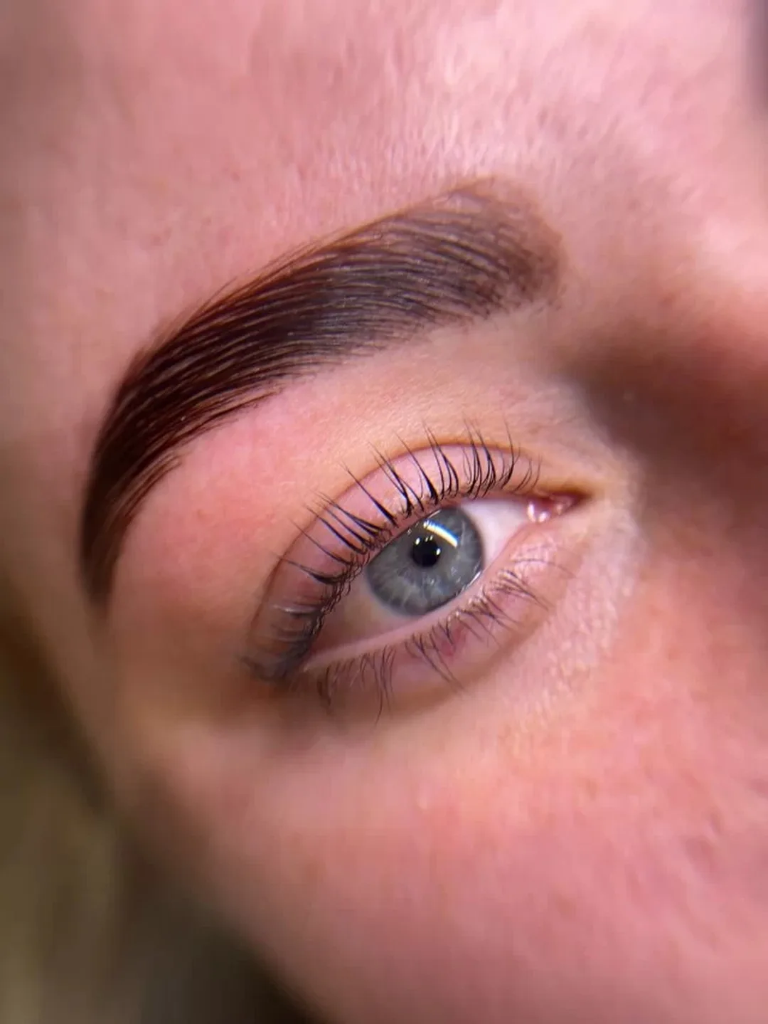 Macro of a lifted natural lash line and laminated brow