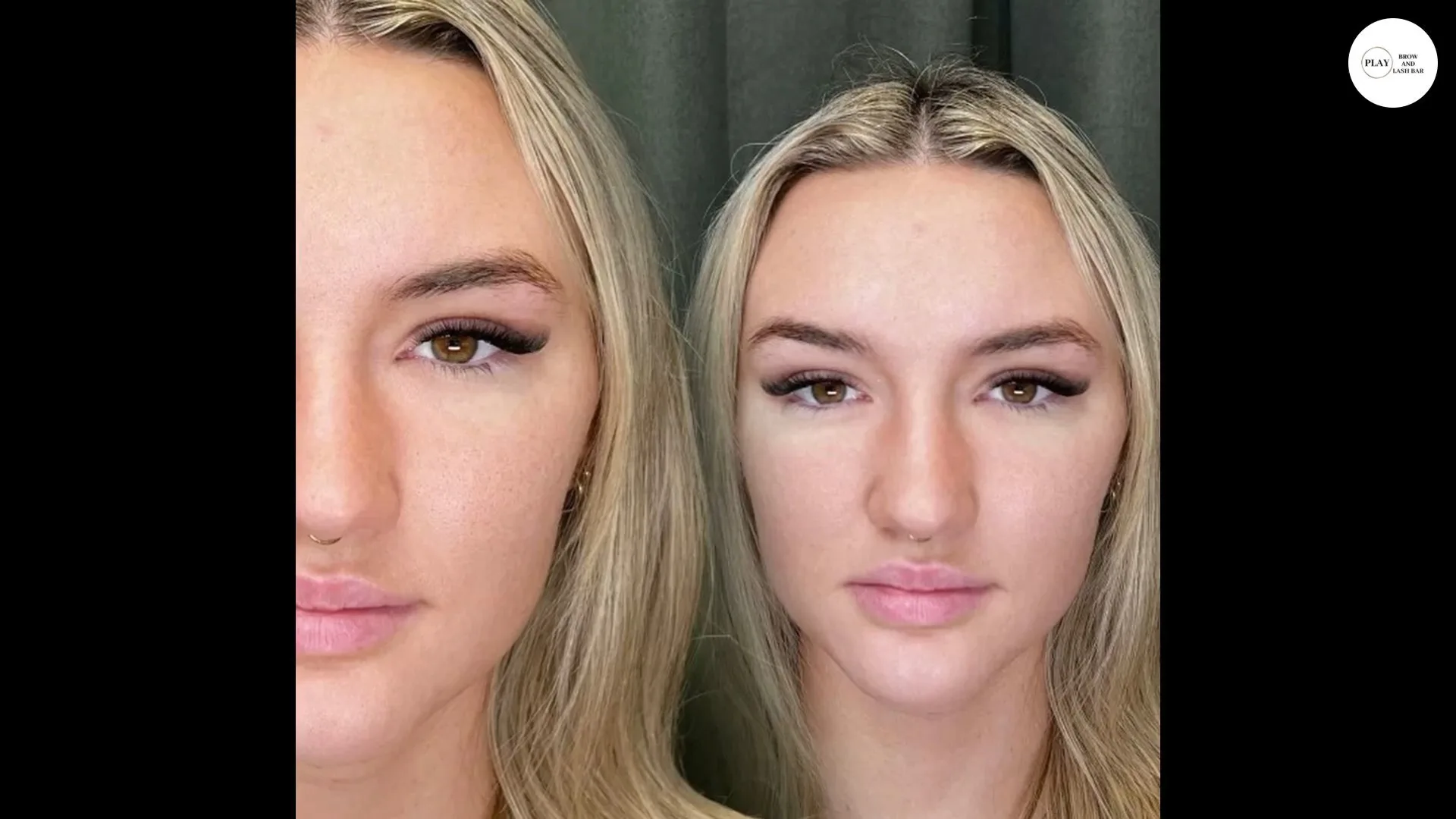 Before and after brow transformation — untreated brow on the left, shaped and groomed brow on the right