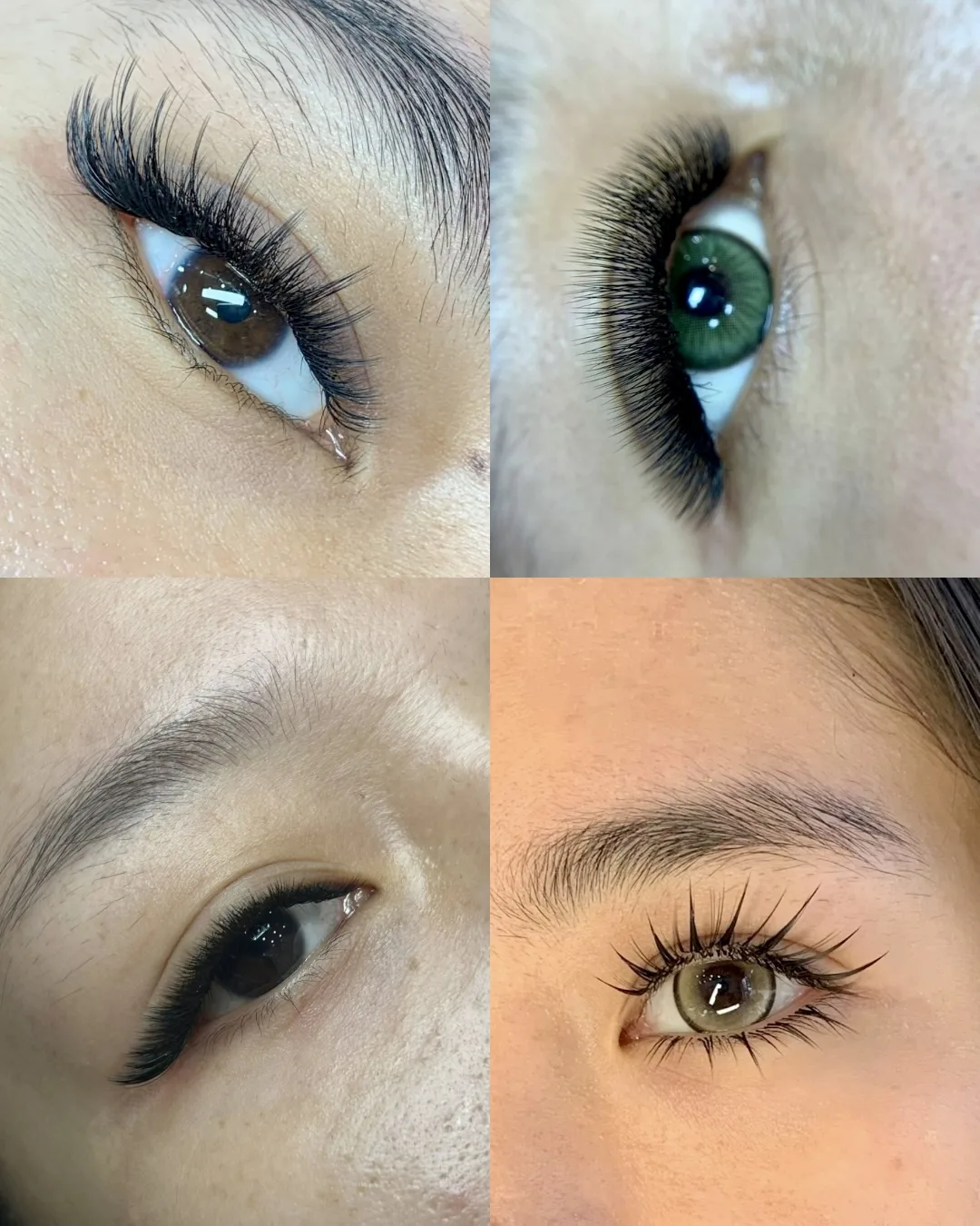 Four different finished eye looks — wispy set, dense volume set, cat-eye liner set, and fluffy natural lift