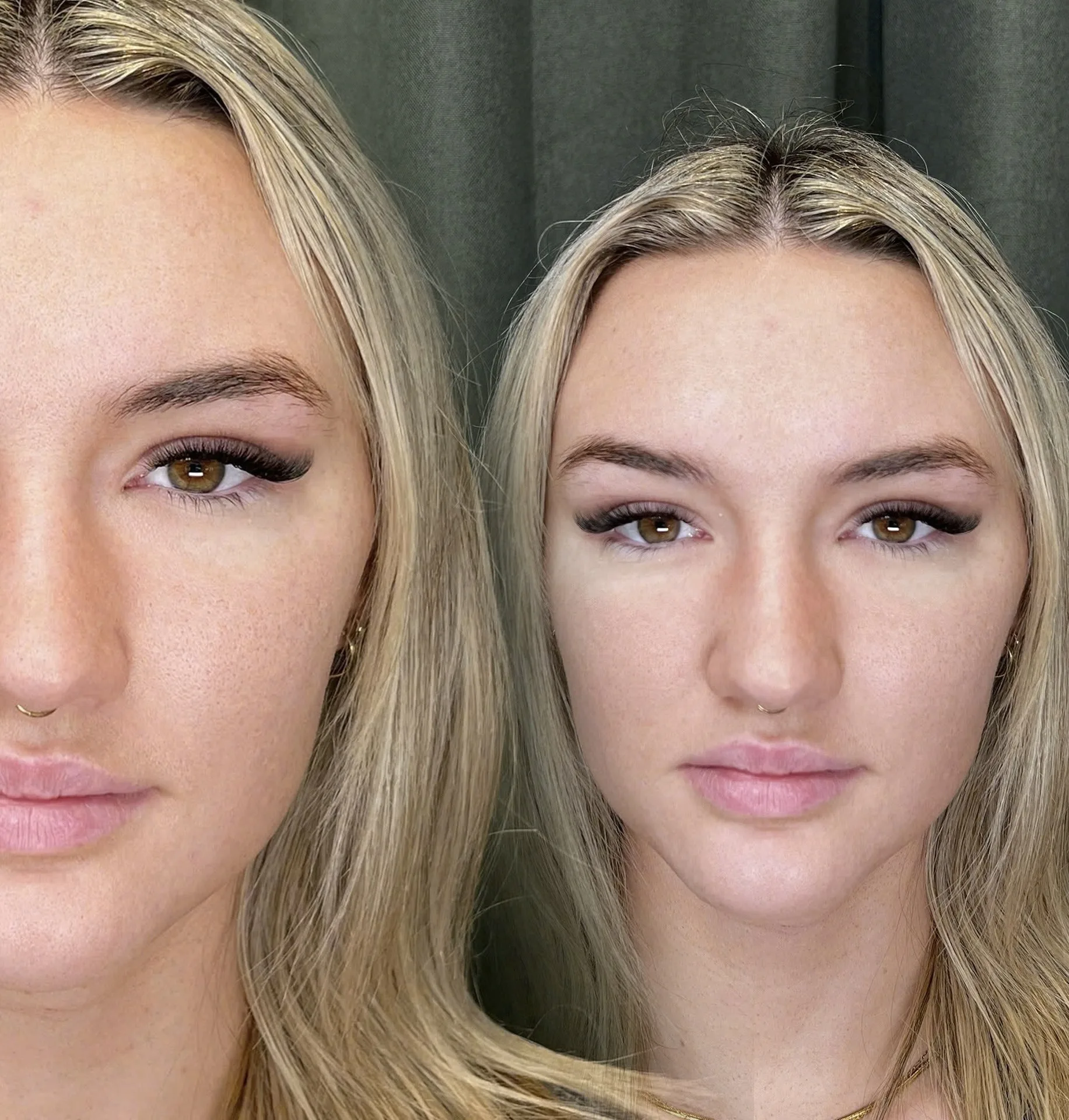 Before and after: untreated brow on the left, finished extensions and shaped brow on the right